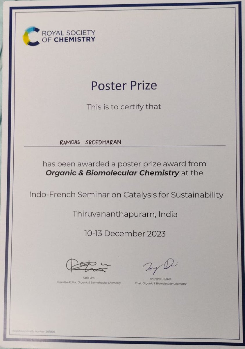 Thirumanavelan Gandhi (@velang8) on Twitter photo Congratulations <a href="/RamdassShridhar/">Ramdas Sreedharan</a> for winning the <a href="/OrgBiomolChem/">OBC</a> Poster Prize at <a href="/Chemie_iisertvm/">School of Chemistry IISER TVM</a> #IFSC23. I enjoyed the seminar, and I thank the organizers <a href="/LCC_CNRS/">Laboratoire de chimie de coordination</a>, <a href="/Chemie_iisertvm/">School of Chemistry IISER TVM</a>, <a href="/basker25071980/">Basker Sundararaju</a> and <a href="/MainTvm/">Main Group Chemistry @ IISERTVM</a> Congratulations <a href="/RamdassShridhar/">Ramdas Sreedharan</a> for winning the <a href="/OrgBiomolChem/">OBC</a> Poster Prize at <a href="/Chemie_iisertvm/">School of Chemistry IISER TVM</a> #IFSC23. I enjoyed the seminar, and I thank the organizers <a href="/LCC_CNRS/">Laboratoire de chimie de coordination</a>, <a href="/Chemie_iisertvm/">School of Chemistry IISER TVM</a>, <a href="/basker25071980/">Basker Sundararaju</a> and <a href="/MainTvm/">Main Group Chemistry @ IISERTVM</a>