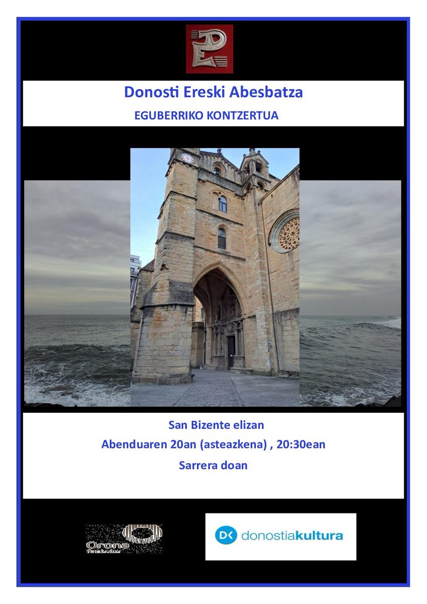 📆 AGENDA: Gabonetako kontzertua

Donosti Ereski Abesbatza-k Gabonetako kontzertua eskainiko du doan, Donostiako alde zaharreko San Bizente elizan, abenduaren 20an, 20:30ean.

🔍 Xehetasunak:
iragarkilaburrak.eus/iragarkia/egub…

#kontzertua #gabonak #abesbatza