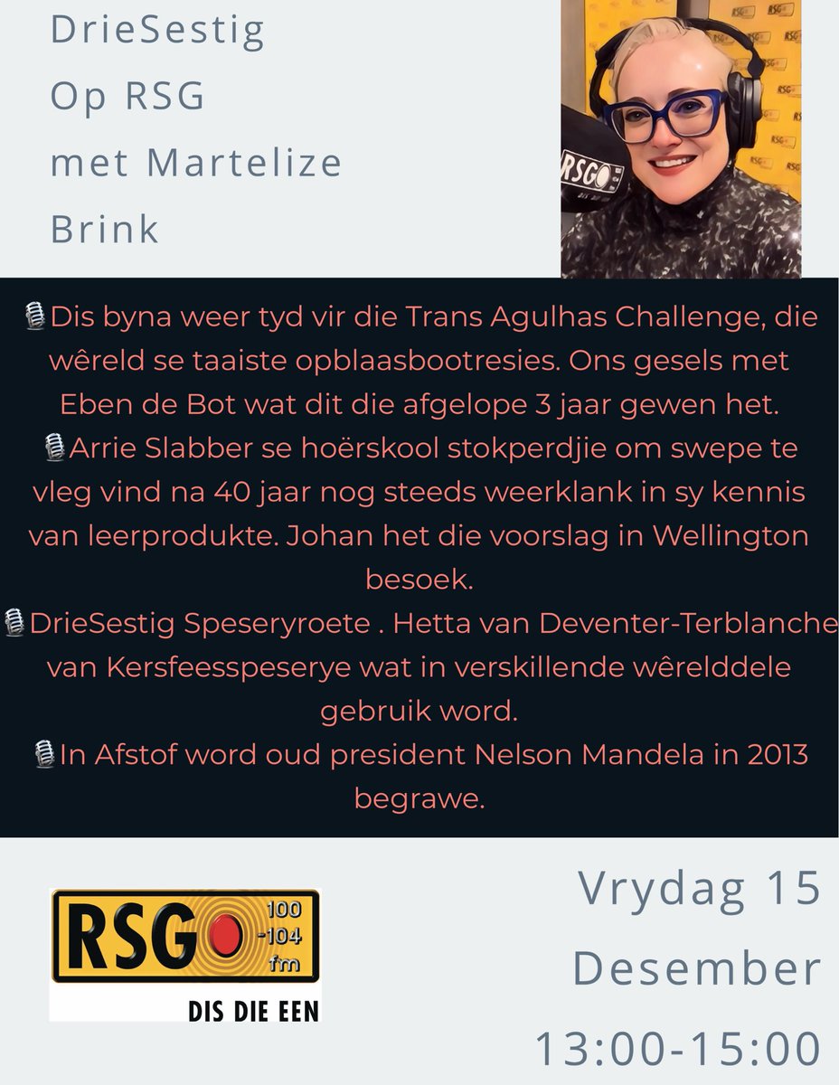 Ek hoop dis ‘n heerlike môre sover! Hier is die DrieSestig Vrydag aflewering. Ons skryf Hannelie se storie verder. Sien jou 13:00 op <a href="/zarsg/">RSG 100-104FM</a> 

Indien jy op reis is, wees seblief veilig. EN kalm. Opgewerk en jaag help noooooit 😌