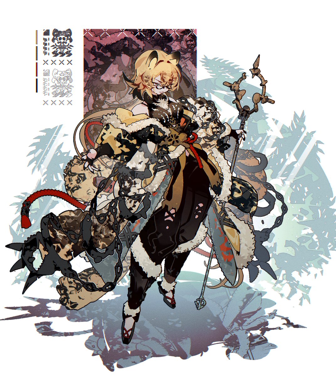 animal ears blonde hair 1boy male focus tiger staff solo  illustration images