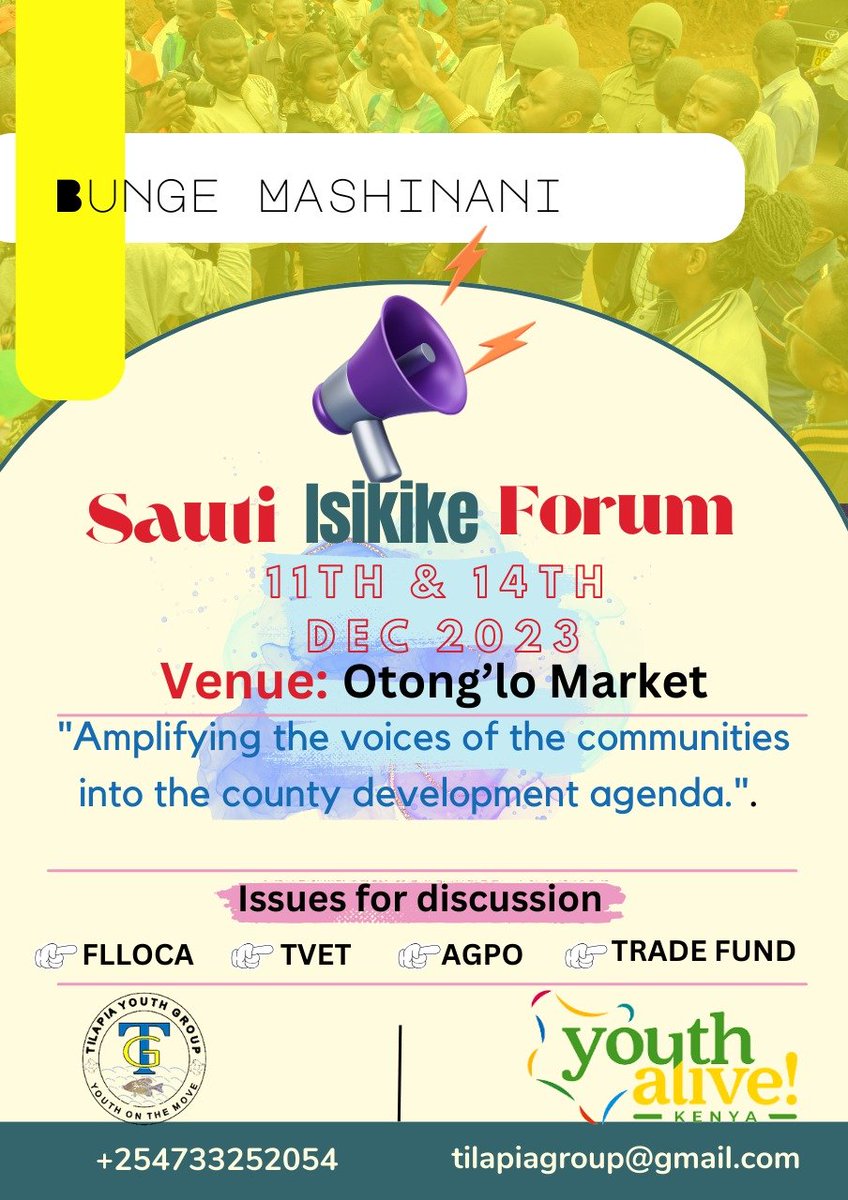 Tilapia youth group and Bunge Mashinani from Kiambu held a successful event yesterday dubbed Suati Isikike forum, in Otonglo market kisumu county,
With aim of  amplifing the voice of the community into the county development agenda.
The forum was funded by Youth Alive Kenya.