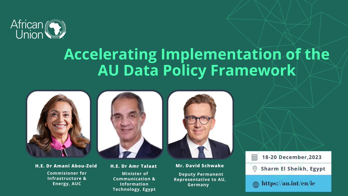 au_ied's tweet photo. In Feb 2022 @_AfricanUnion Ex. Council adopted #DataPolicyFramework as part of the effort to realize a #DataDriven & Digitally Transformed economy & society.
18-20 Dec the data community will gather in Sharm El Sheikh, ๐ช๐ฌ to fast-track its implementation.
Tune in for updates. https://t.co/rO4MUv8s4p