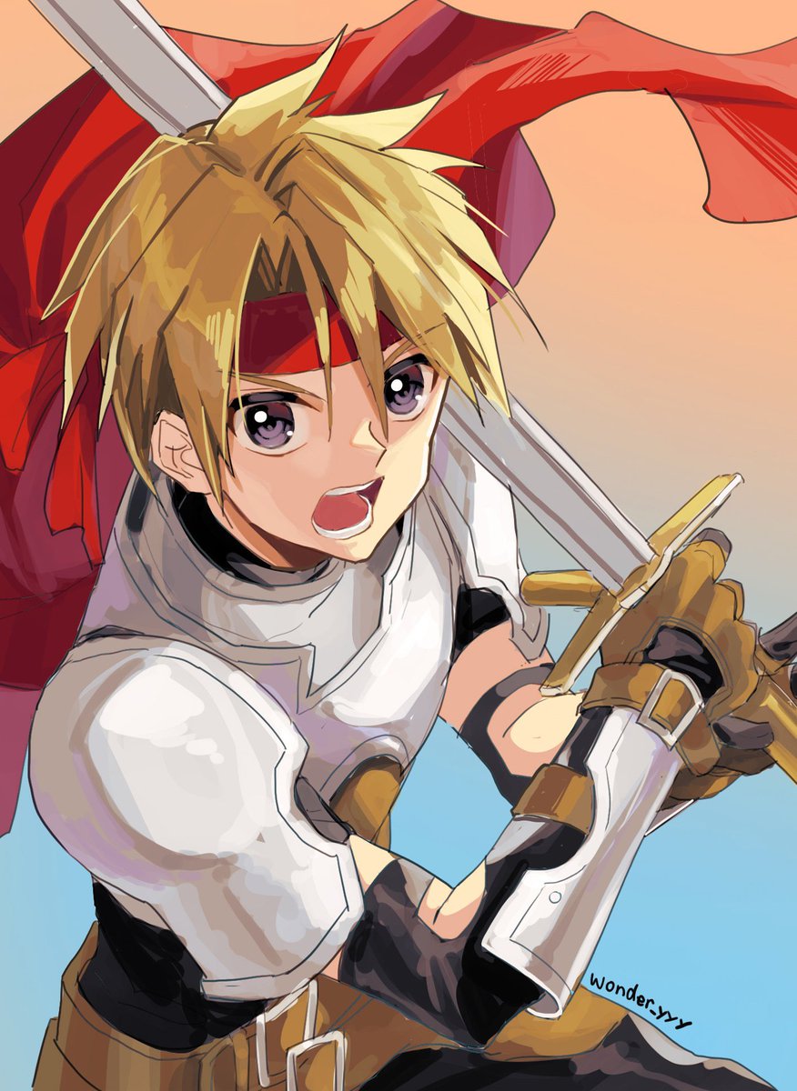 weapon 1boy sword armor male focus blonde hair solo  illustration images