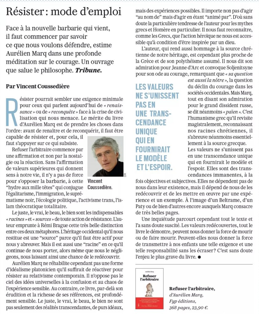Merci à Vincent Coussedière et <a href="/Valeurs/">Valeurs actuelles ن</a> pour cette belle recension, pleine de sensibilité, de Refuser l'arbitraire !