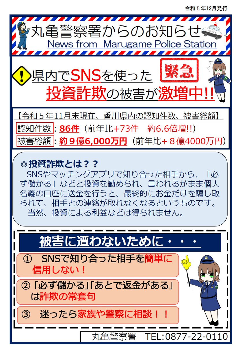 丸亀署】 「投資詐欺」被害が激増中!! SNSやマッチングアプリで知り合った相手から投資話を持ち掛けられ、お金を騙し取られる「投資詐欺」の被害が激増しています。  「必ず儲かる」「あとで返金がある」というのは真っ赤な嘘。 卑劣な詐欺に騙されないようご注意を。