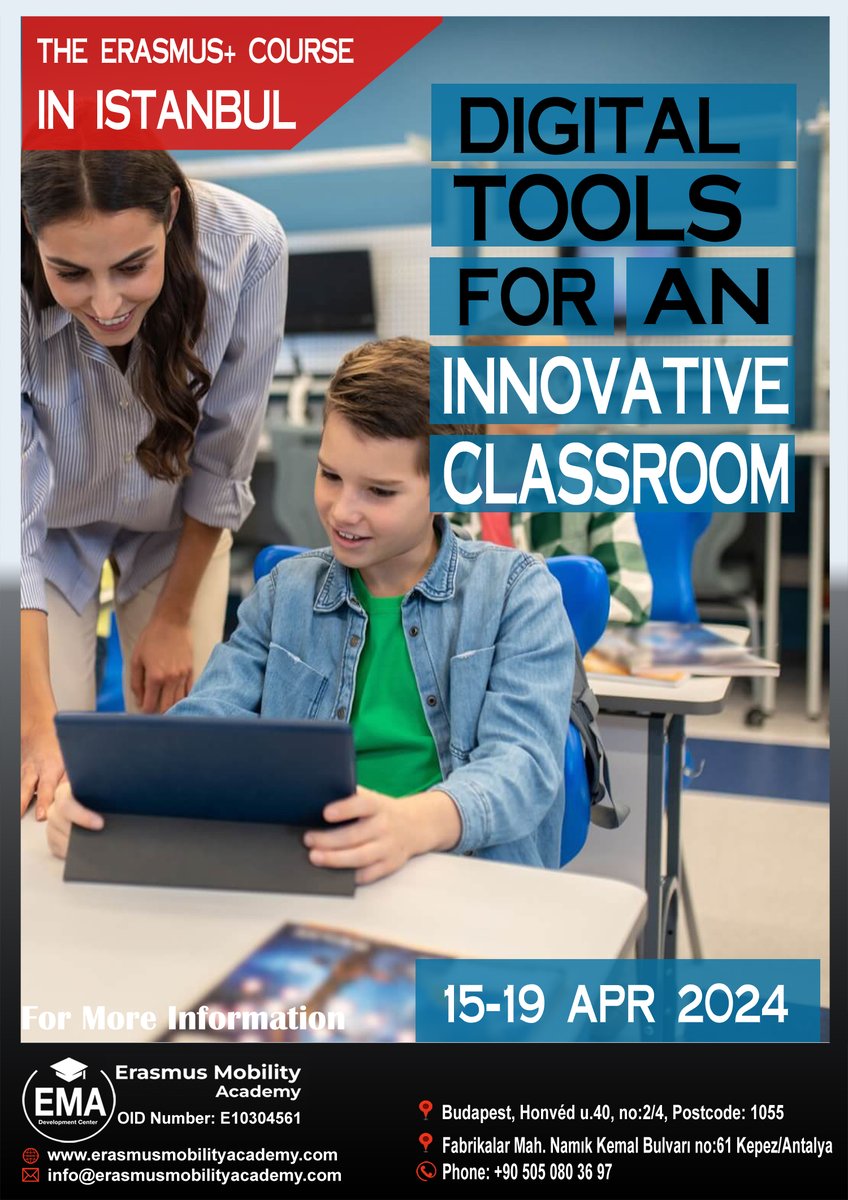 Erasmus+ CONFIRMED Courses
ISTANBUL
15 - 19 APR 2024
DIGITAL TOOLS FOR AN INNOVATIVE CLASSROOM
Contact us: erasmusmobilityacademy.com/.../digital.../
info@erasmusmobilityacademy.com
#icttools #digitaltools #erasmusplusproject #istanbul #erasmus #erasmuscourses #eramusmobilityacademy