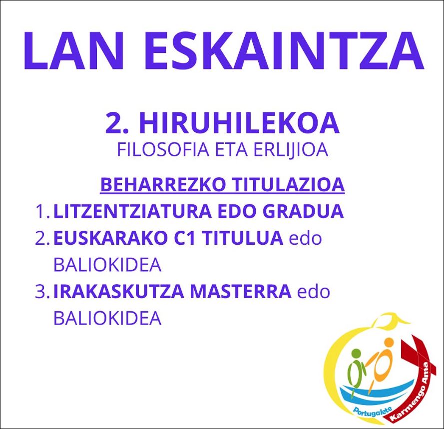 📑 LAN ESKAINTZA: Filosofia eta Erlijioa emateko irakaslea behar da

Beharrezko titulazioa:
1. Lizentziatura edo Gradua.
2. Euskarako C1 titulua edo baliokidea.
3. Irakaskuntza Masterra edo baliokidea.

🔍 Xehetasunak:
iragarkilaburrak.eus/iragarkia/filo…

#laneskaintza #iragarkilaburrak