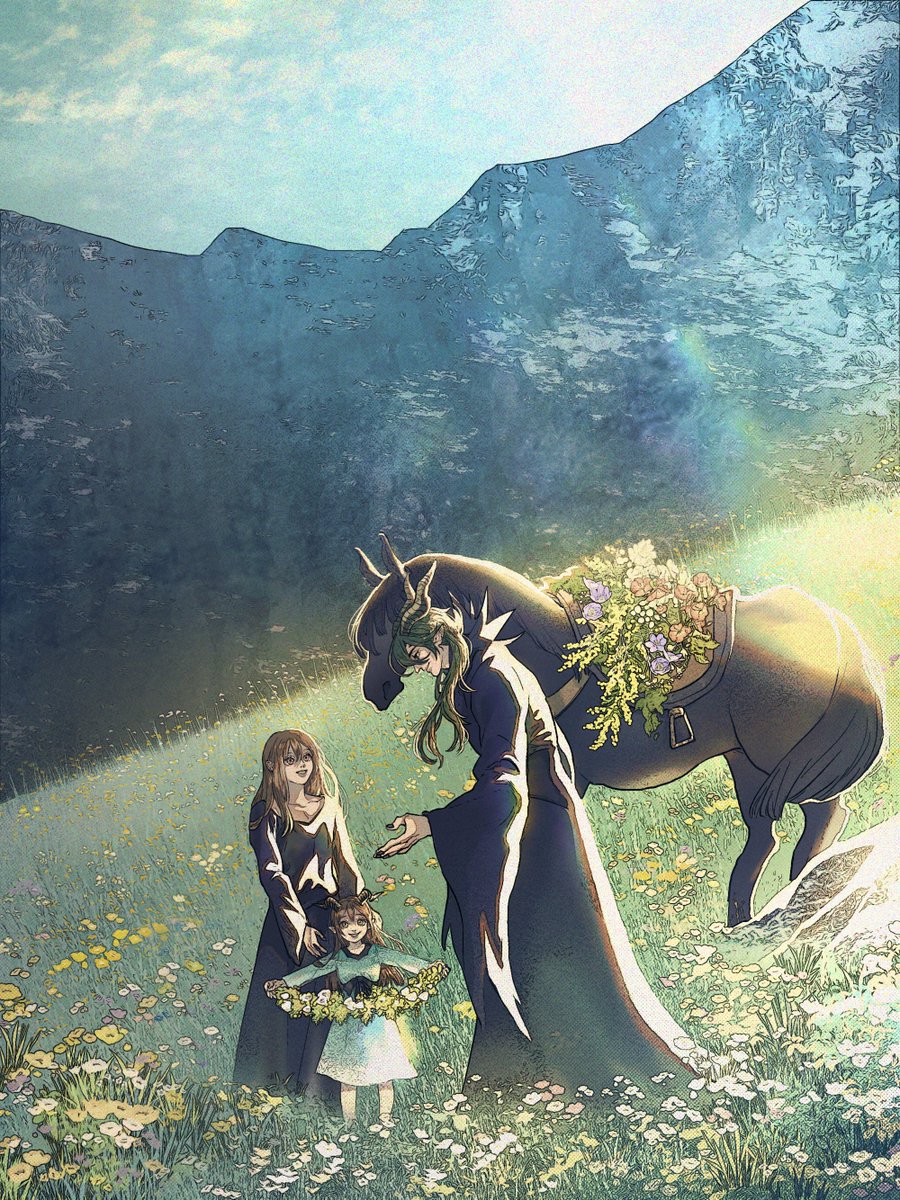 multiple girls flower outdoors dress brown hair mountain long hair  illustration images