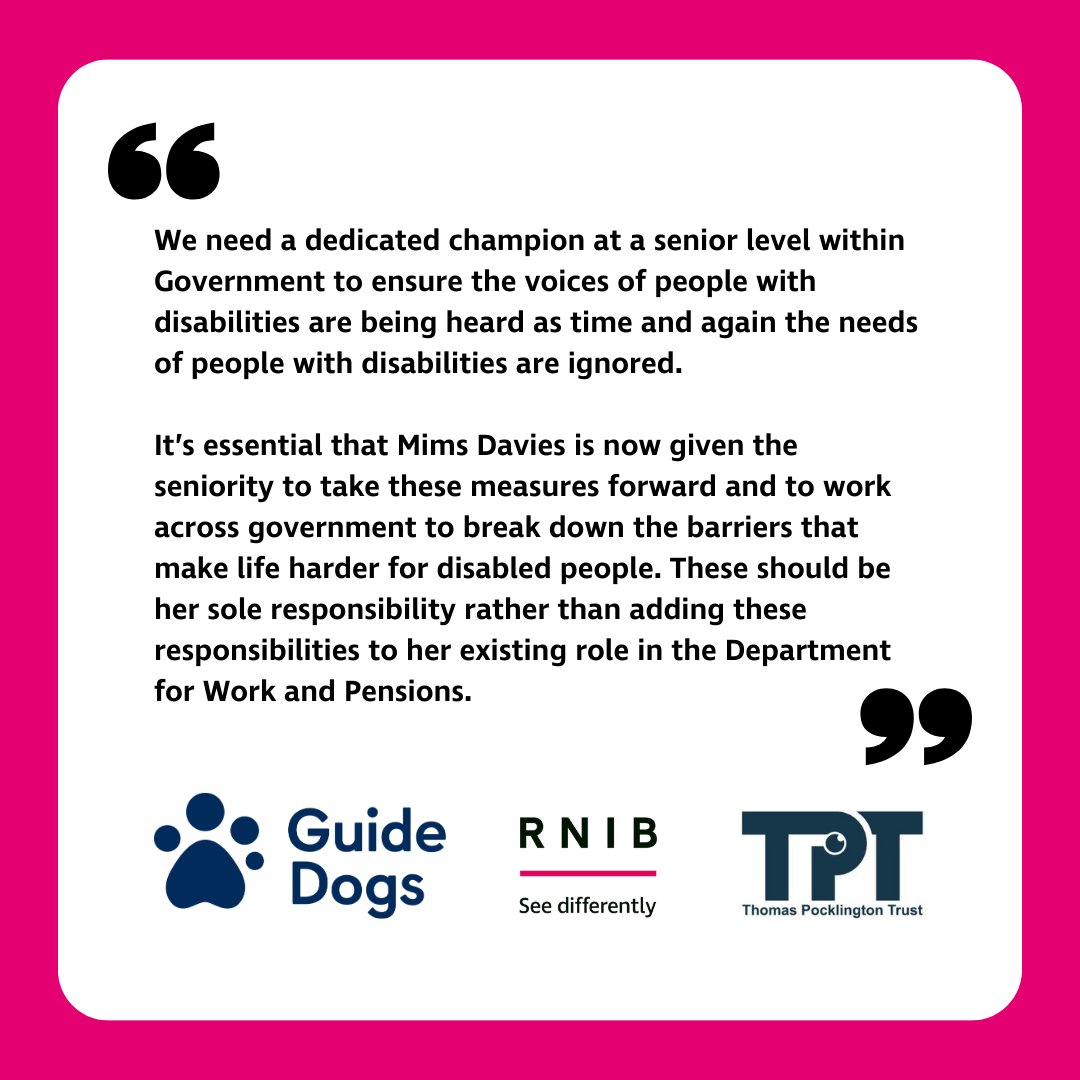 RNIB Campaigns (@rnib_campaigns) on Twitter photo We’re deeply concerned about the UK Government’s decision yesterday to downgrade the role of Minister for Disabled People.
Along with @GuideDogs and <a href="/PocklingtonHub/">Thomas Pocklington Trust</a> we’ve issued a statement outlining exactly why we’re worried. Read it here: rnib.in/MfDPStatement We’re deeply concerned about the UK Government’s decision yesterday to downgrade the role of Minister for Disabled People.
Along with @GuideDogs and <a href="/PocklingtonHub/">Thomas Pocklington Trust</a> we’ve issued a statement outlining exactly why we’re worried. Read it here: rnib.in/MfDPStatement