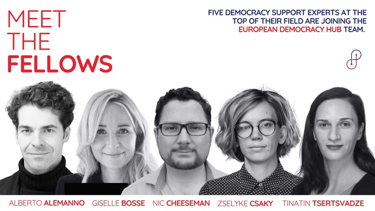 Meet the fellows 🤝5 democracy experts are joining the #EuropeanDemocracyHub.

Curious who wrote a book on election-rigging and who was a reporter in a past life?

Get to know <a href="/alemannoEU/">Alberto Alemanno</a>, Giselle Bosse, <a href="/Fromagehomme/">Nic Cheeseman</a>, <a href="/zecsaky/">Zselyke Csaky</a> &amp; Tinatin Tsertsvadze ➡️ bit.ly/EDH-fellows