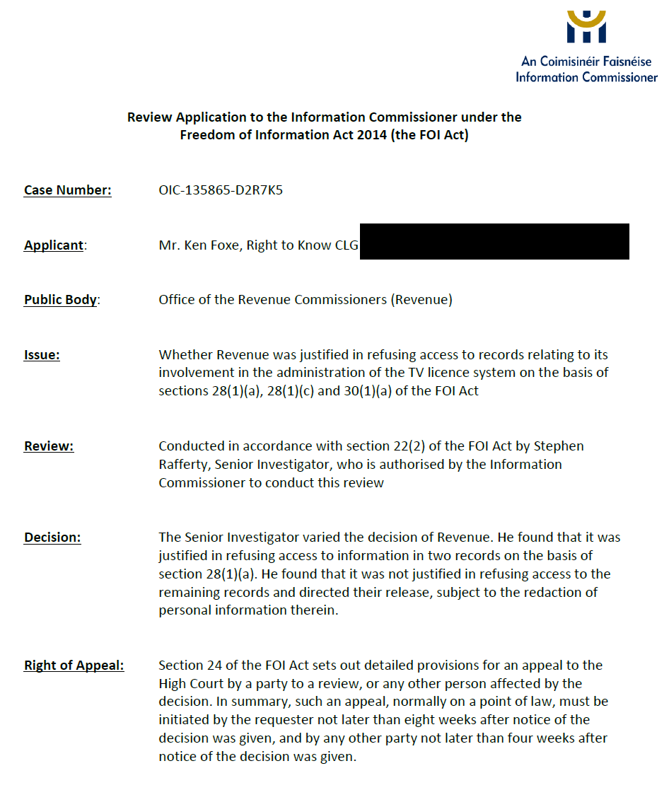 Our latest update is on a case we took seeking access to records from Revenue on TV licence collection.

Information Commissioner found in our favour in Section 28 decision over confidentiality of Cabinet meetings (+ also a little bit of Section 30)

thestory.ie/2023/12/15/rig…
