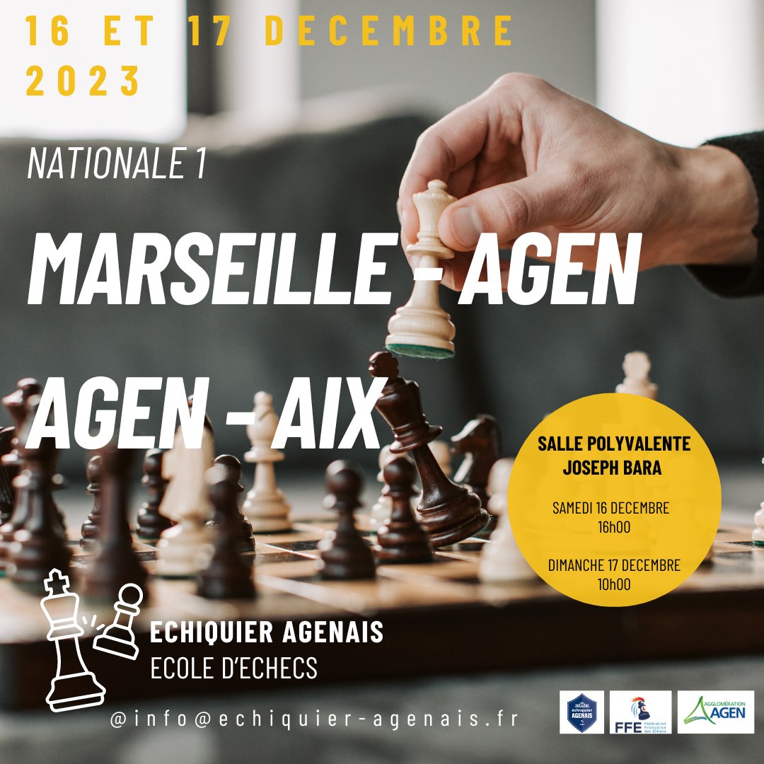 Echiquier Agenais (@agen_echecs) on Twitter photo #Interclubs - Au programme ce week-end un véritable "Boxing-Day" en Interclubs adultes ♟️ avec des affiches « monstrueuses » : MARSEILLE - AGEN et AGEN - AIX !
Quel cadeaux de Noël, ne manquez pas ces évènements, venez nombreux nous soutenir à Bara et Allez Agen !
<a href="/villeagen/">Ville d'Agen 🇫🇷🇪🇺🇺🇦</a> #Interclubs - Au programme ce week-end un véritable "Boxing-Day" en Interclubs adultes ♟️ avec des affiches « monstrueuses » : MARSEILLE - AGEN et AGEN - AIX !
Quel cadeaux de Noël, ne manquez pas ces évènements, venez nombreux nous soutenir à Bara et Allez Agen !
<a href="/villeagen/">Ville d'Agen 🇫🇷🇪🇺🇺🇦</a>