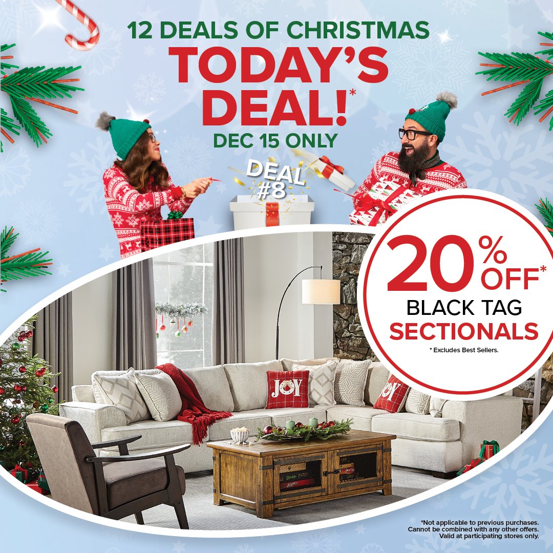🎁 Day 8 of Leon's 12 Deals of Christmas: Enjoy 20% Off Black Tag Sectionals! 🎄 Redefine comfort and elegance in your living space - Available today only, in-store and  online.

Shop Now ->  leons.ca

🕒 December 15th Only!

Valid at participating stores.