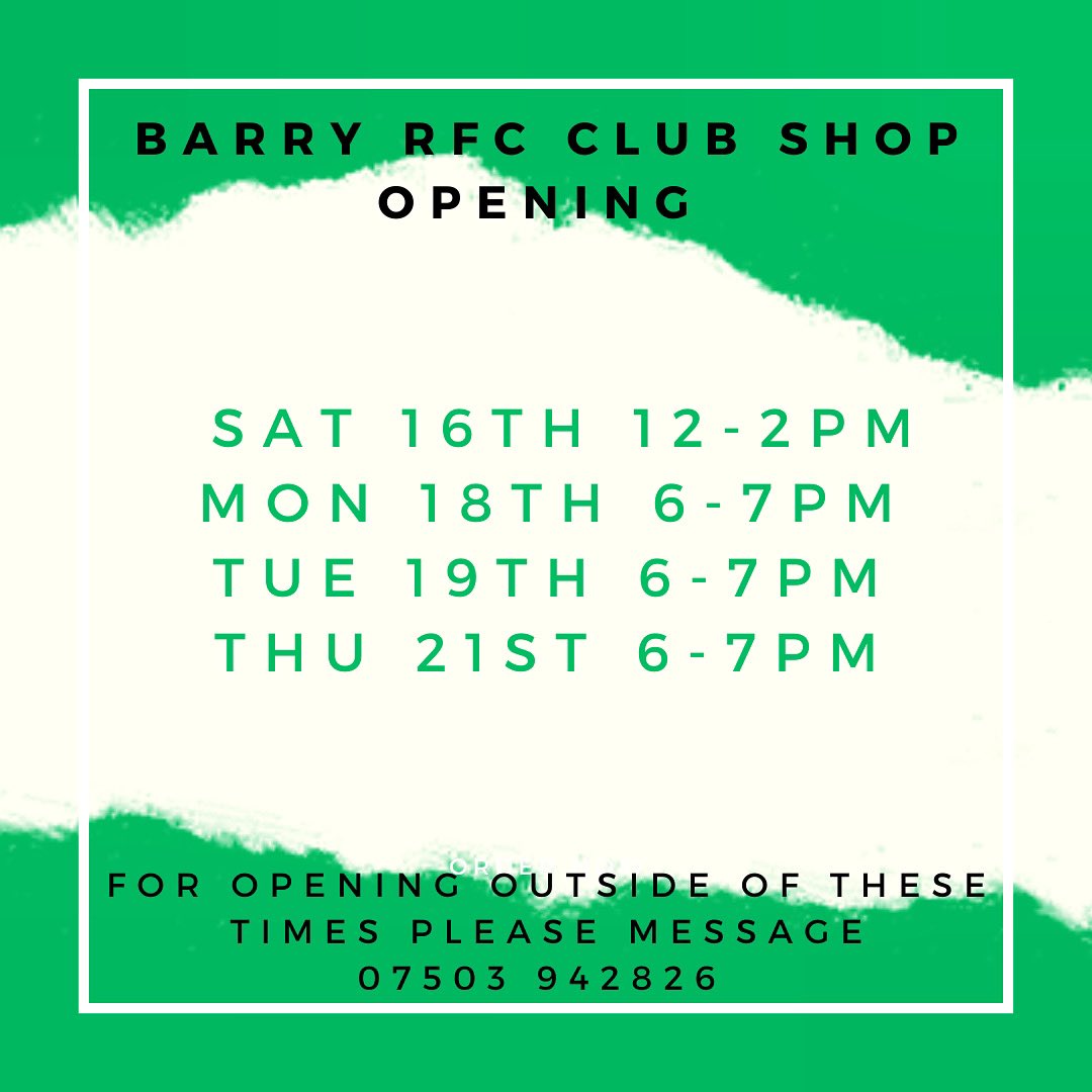Barry RFC Club Shop (@brfcshop) on Twitter photo The <a href="/barry_rfc/">Barry 'Bombers' RFC</a> <a href="/barrymandjrfc/">Barry RFC Mini & Juniors</a> club shop opening hours this week.
All orders are now ready for collection The <a href="/barry_rfc/">Barry 'Bombers' RFC</a> <a href="/barrymandjrfc/">Barry RFC Mini & Juniors</a> club shop opening hours this week.
All orders are now ready for collection