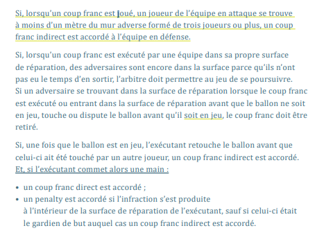 BarillerMarc's tweet photo. "Si, lorsqu’un coup franc est joué, un joueur de l’équipe en attaque se trouve à moins d’un mètre du mur adverse formé de trois joueurs ou plus, un coup franc indirect est accordé à l’équipe en défense." https://t.co/2tniMtCrH8
