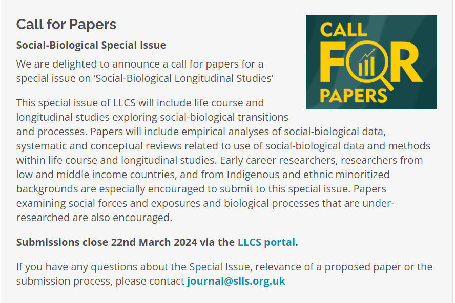 Working on research on the social-to-biological with longitudinal studies? We're looking for paper submissions for a special issue due out early 2024! Get in touch if you have any questions