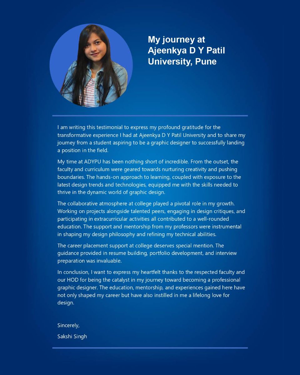 A splash of brilliance from ADYPU - Sakshi Singh from the School of Design just clinched a Visual Communication Designer spot at Maxval Technology even before graduation!
Sending a tidal wave of good vibes and best wishes her way!#ADYPU #placement #studentjourney #schoolofdesign