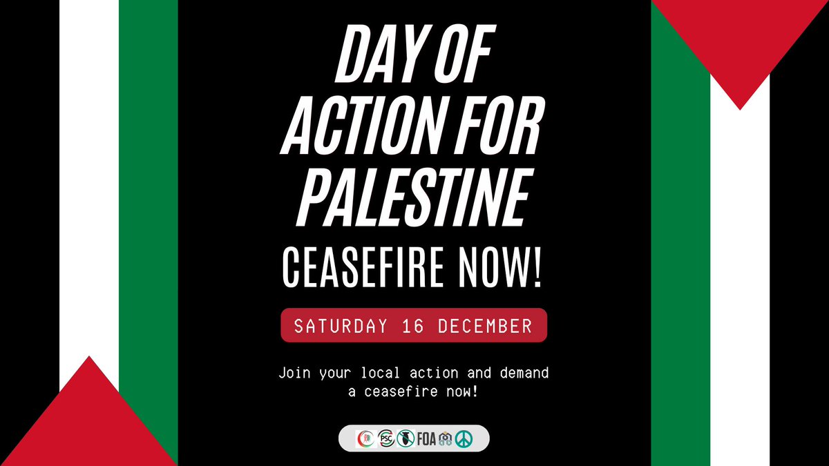 🇵🇸 Sat 16 Dec: National Day of Action for #Palestine 🇵🇸 Find your local Action👇👇 Aberdeen: Barclays Bank, 163 Union Street at 11am. March to Town House for 12.30 am. Abergavenny: Outside Barclays Bank, Abergavenny, 11am-12.30pm Barnstaple: Rally and March, assemble High…