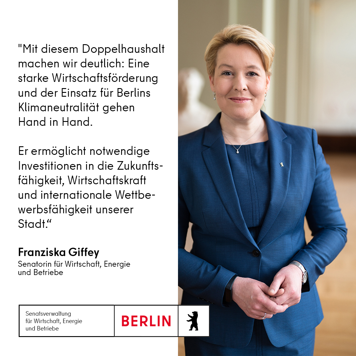 Zum gestrigen Beschluss des Doppelhaushaltes 2024/2025 sagt Wirtschaftssenatorin @franziskagiffey: „Mit diesem Doppelhaushalt machen wir deutlich: Eine starke Wirtschaftsförderung und der Einsatz für Berlins Klimaneutralität gehen Hand in Hand. 1/5