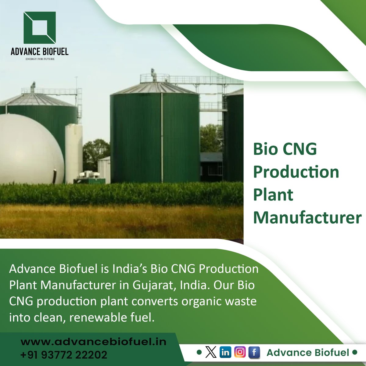 Advance Biofuel is India's Bio CNG Production Plant Manufacturer in Gujarat, India. Our Bio CNG production plant converts organic waste into clean, renewable fuel.

#AdvancedBiofuel #BioCNG #CNGProduction #GreenTech #CleanEnergy #Biogas #EcoFriendly #BioCNGPlant #BiogasTechnology