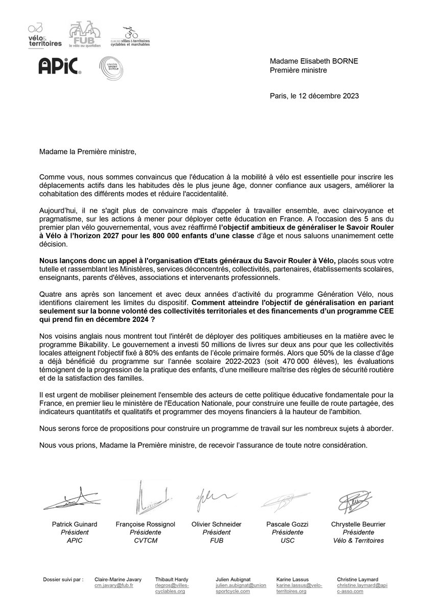 [📢L’alliance pour le Vélo appelle la Première Ministre à organiser des États généraux du #SavoirRouleràVélo]
Gabrielle est en CP. <a href="/Elisabeth_Borne/">Élisabeth BORNE</a> lui a promis que lorsqu’elle sera en CM2, tous les enfants de son âge auront la chance d'apprendre à se déplacer à vélo au quotidien