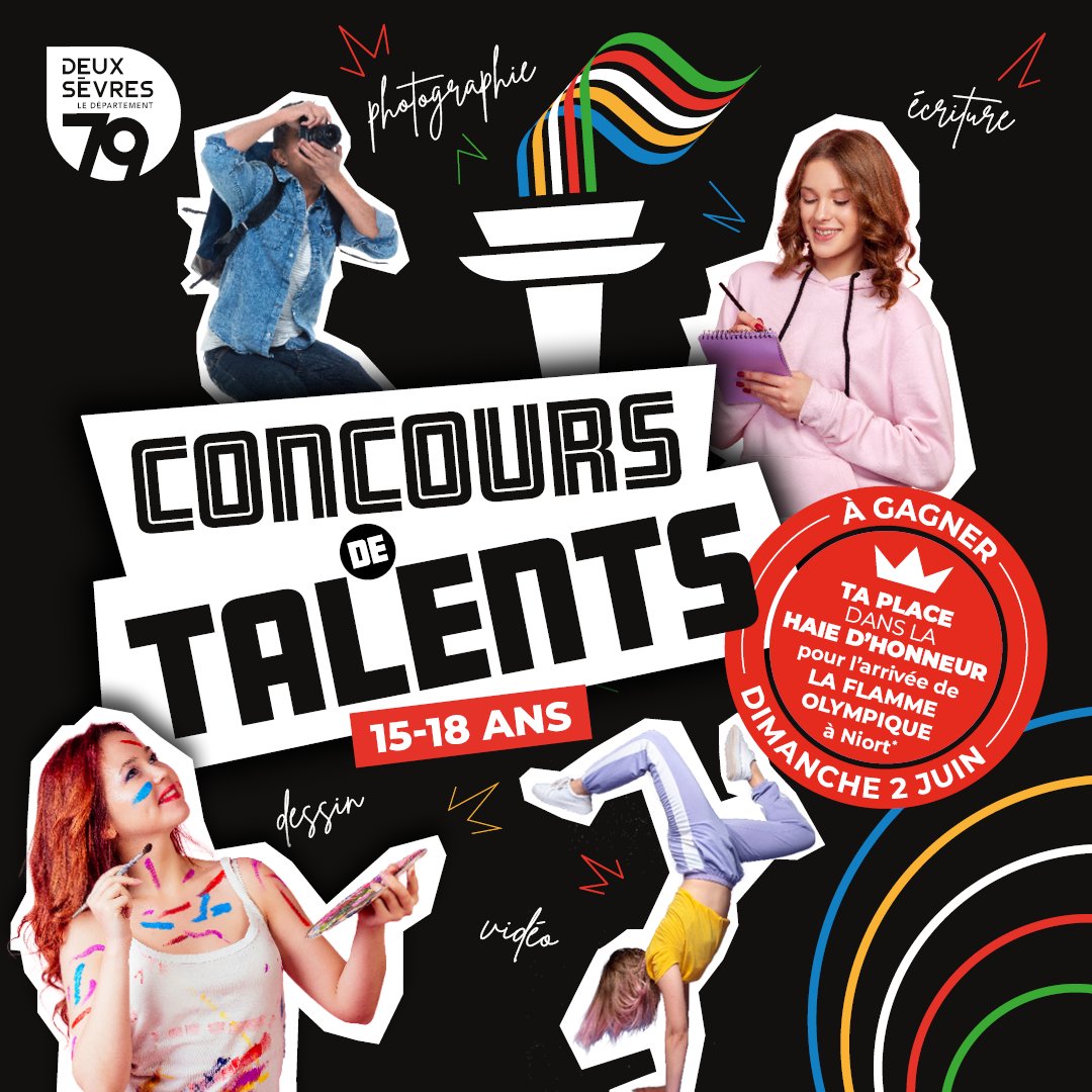 #Concours #Talents 15-18 ans |Avis aux créatifs des #DeuxSèvres!
Gagnez 1 place dans la haie d'honneur qui accueillera la #Flamme Olympique le 02/06/2024
👉Sortez les crayons, stylos, smartphones pour illustrer les valeurs olympiques! 
Dépôt des créations: deux-sevres.fr/concourstalent…