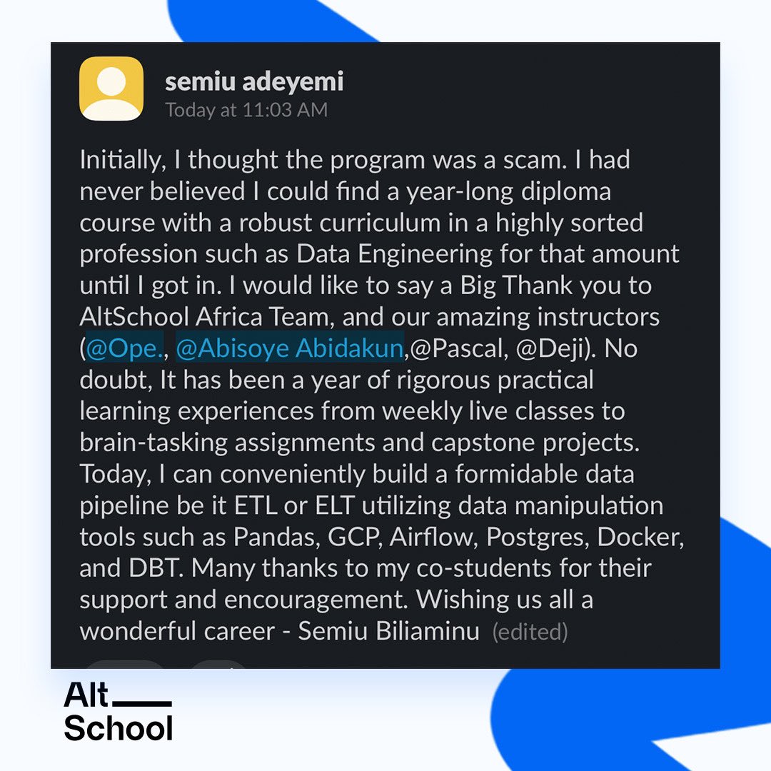 AltSchoolAfrica's tweet image. You made it! 🥹🥳

After 12 months of lessons and tasks and exams, you made it to the finish line! 🥹

We’re so proud of you and we are deeply thankful to you for bringing so much light and energy to the AltSchool Africa community. 

Thank you for not giving up. Thank you for…
