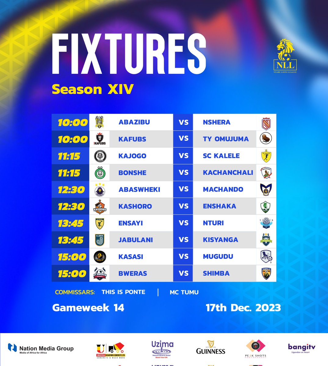 Ntare Lions League (@ntare_league) on Twitter photo We are sure you had enough rest. We go again this weekend for our last Game week of 2023.
<a href="/enshakafc/">FC Enshaka</a> who are still looking for their first win in Ntare Lions League take on the inaugural champions <a href="/Kashoro_FC/">Kashoro</a>
Shield chasing <a href="/Machando04/">Machando FC</a> take on <a href="/Abashwekyi/">Abashweki ⭐️⭐️⭐️</a> as they aim to keep We are sure you had enough rest. We go again this weekend for our last Game week of 2023.
<a href="/enshakafc/">FC Enshaka</a> who are still looking for their first win in Ntare Lions League take on the inaugural champions <a href="/Kashoro_FC/">Kashoro</a>
Shield chasing <a href="/Machando04/">Machando FC</a> take on <a href="/Abashwekyi/">Abashweki ⭐️⭐️⭐️</a> as they aim to keep