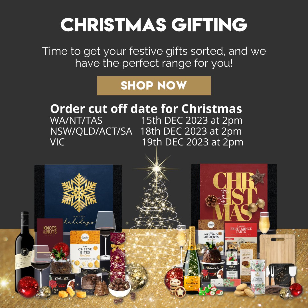 Don't miss out on spreading holiday cheer! Order your Christmas gift hampers before our cutoff date to ensure they arrive in time for the festivities. 
Shop now at hampersgalore.com.au
#ChristmasGifts #HolidayHampers #hampersgaloreaustralia #ShopSmart #ChristmasGifting