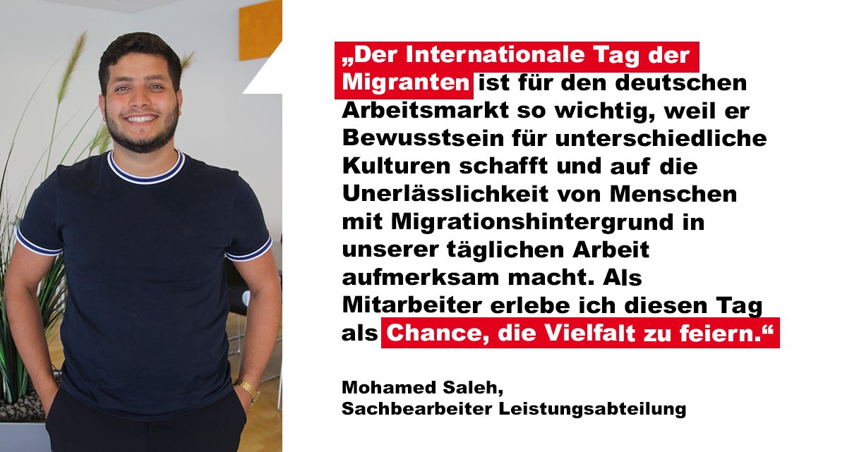 📅Heute ist der Internationale Tag der Migranten.
#Migration bietet für den #Arbeitsmarkt einen wichtigen Lösungsansatz gegen den Fachkräftemangel und zahlt sich im Unternehmen aus.
Mohamed Saleh kam 2015 aus Syrien und ist nun geschätzter Sachbearbeiter in der Leistungsabteilung