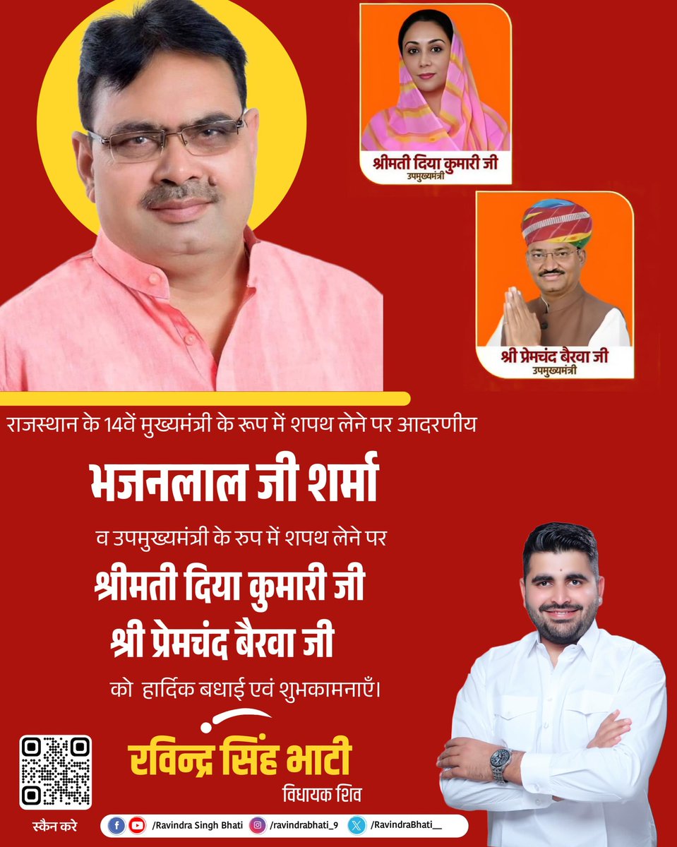 Ravindra Singh Bhati (@ravindrabhati__) on Twitter photo राजस्थान के 14 वें मुख्यमंत्री के रूप में शपथ लेने पर आदरणीय भजनलाल जी शर्मा व उपमुख्यमंत्री के रूप में शपथ लेने पर श्रीमती दिया कुमारी जी एवं श्री प्रेमचंद जी बैरवा को हार्दिक बधाई व शुभकामनाएं।
<a href="/BhajanlalBjp/">Bhajanlal Sharma</a>
<a href="/KumariDiya/">Diya Kumari</a>
<a href="/DrPremBairwa/">Dr Prem Chand Bairwa</a> राजस्थान के 14 वें मुख्यमंत्री के रूप में शपथ लेने पर आदरणीय भजनलाल जी शर्मा व उपमुख्यमंत्री के रूप में शपथ लेने पर श्रीमती दिया कुमारी जी एवं श्री प्रेमचंद जी बैरवा को हार्दिक बधाई व शुभकामनाएं।
<a href="/BhajanlalBjp/">Bhajanlal Sharma</a>
<a href="/KumariDiya/">Diya Kumari</a>
<a href="/DrPremBairwa/">Dr Prem Chand Bairwa</a>