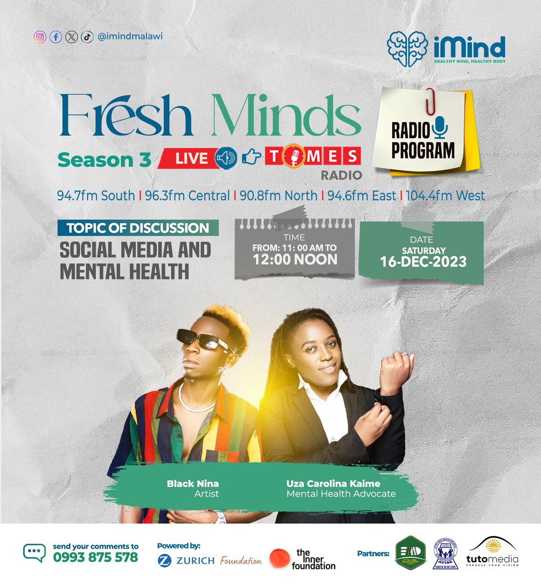 imind_malawi's tweet photo. What impact can social media have on our mental health? 

Stay tuned to our radio program, Fresh Minds, as we will be tackling the above question and many others.

#socialmedia 
#mentalhealth 
#FreshMinds https://t.co/yjL7qpzcO2