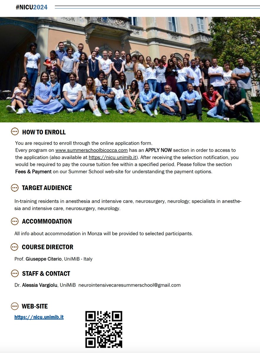 Registration is now OPEN for the 7th edition of the Bicocca Neurointensive Care Summer School June 10-14, 2024! Don't miss this incredible opportunity to enhance your knowledge and skills. Secure your spot today! summerschoolbicocca.com/24-neurointens…