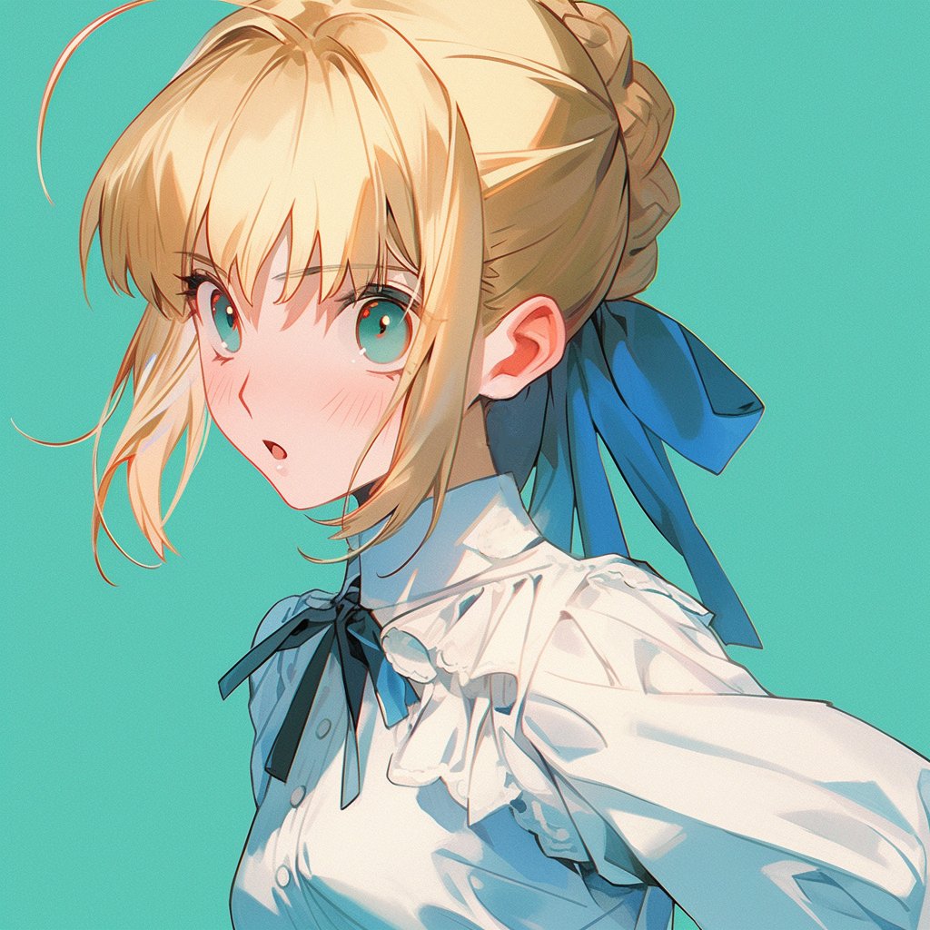 artoria pendragon (fate) ,saber (fate) 1girl solo blonde hair ribbon ahoge blue ribbon simple background  illustration images