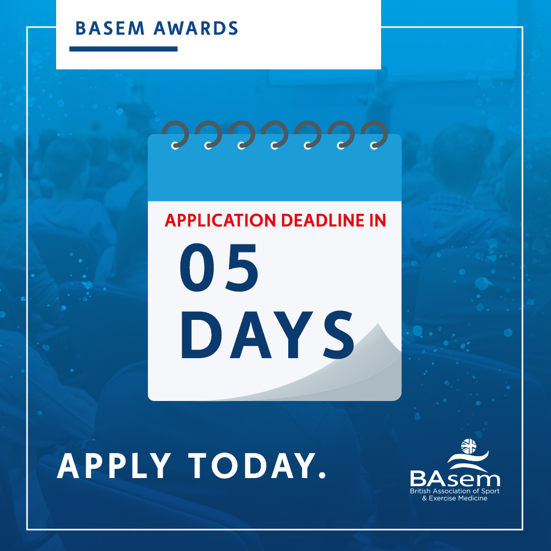 BASEM AWARDS - Only 5 days left to apply. Apply at: basem.co.uk/awards/ ▶️ The Malcolm Read Scholarship in SEM ▶️ BASEM MSc in SEM Bursary ▶️ BASEM Research Bursary ▶️ BASEM Travelling Fellowship ▶️ BASEM Undergraduate Student Elective Award #sportandexercisemedicine #basem