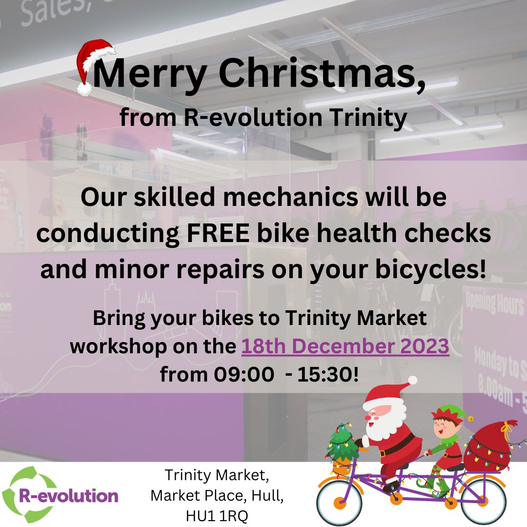 Don't forget about the Dr Bike at our Trinity Market repair shop! Get your bikes sorted before Christmas with our free cycle servicing and minor repairs. No booking is required however our mechanics will be working on a first come first serve basis