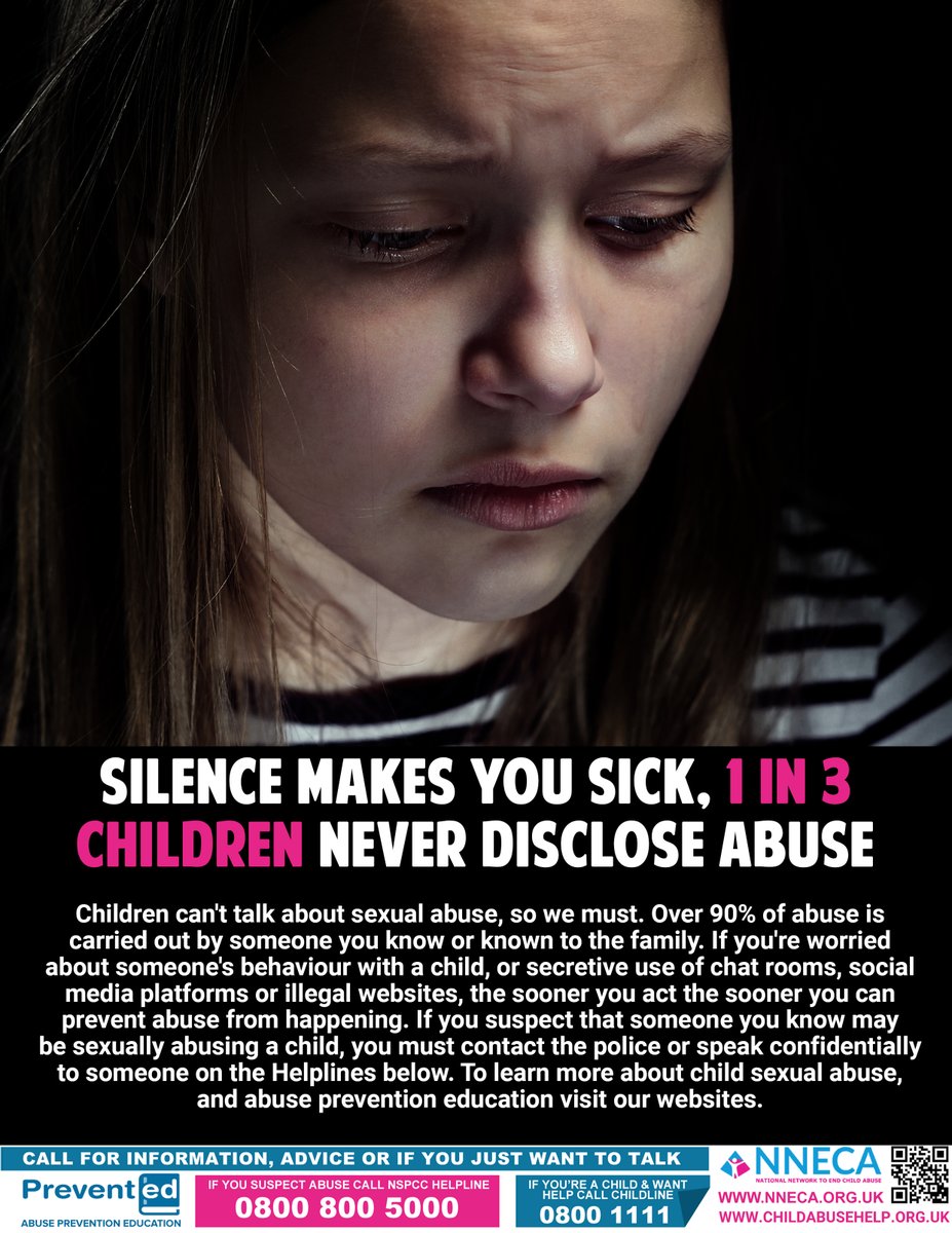 1 in 3 NEVER DISCLOSE  
Over 90% of abuse is carried out by someone you know or known to the family. Children can’t talk about sexual abuse, so we have too. If you suspect abuse.
#ChildAbuseHelp #PreventED #FamilySecret #OnlineSafety  nneca.org.uk