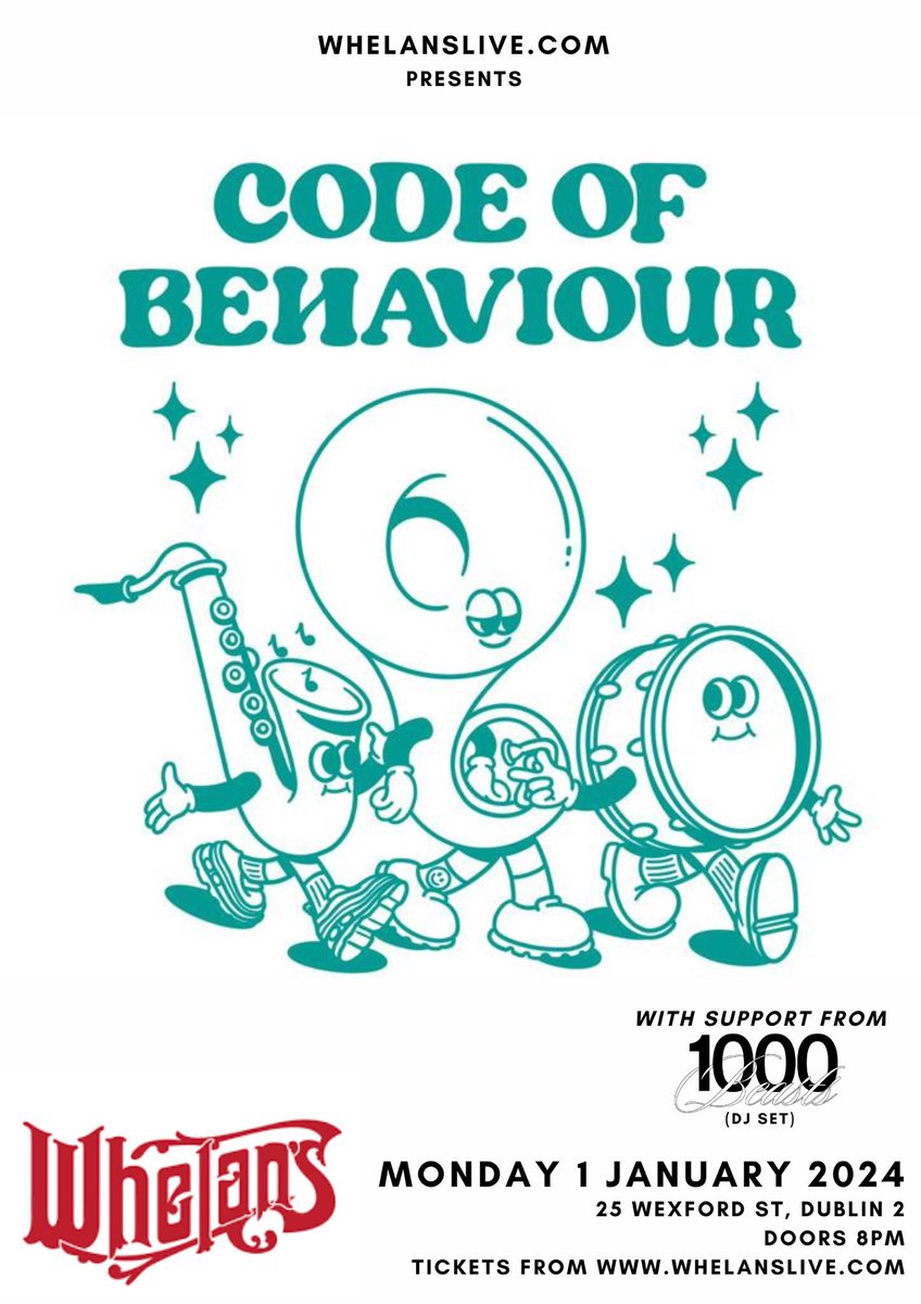 CodeOfBehaviour's tweet image. We’re beyond excited to have the insanely talented @1000Beasts join us for our New Year’s Day gig at @whelanslive 🙌 you can expect high energy and good vibes all night long. Hup Cork!

Tickets are still available from the Whelan’s site and here whelanslive.com/event/code-of-…

🫶