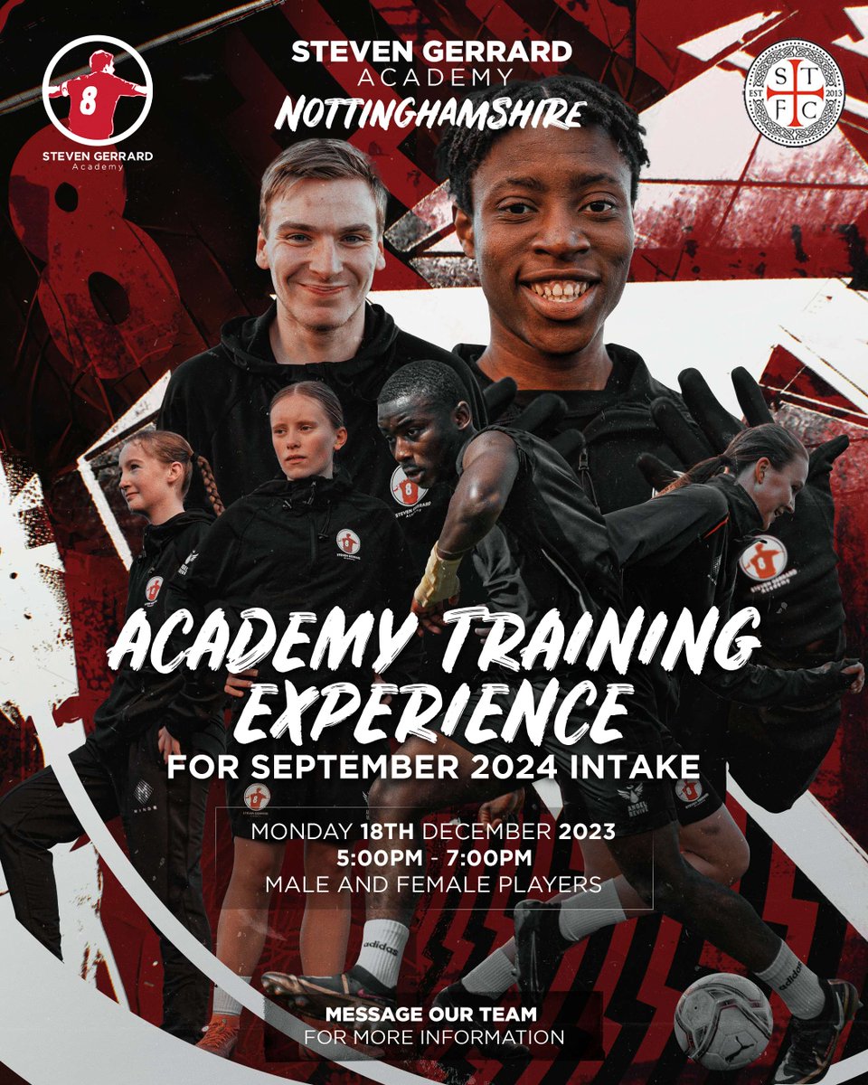 🚨 Steven Gerrard Academy Nottinghamshire Event 🚨 Register your interest today to receive your invitation to our Academy Training Experience on Monday 18th December. In partnership with @staplefordtown 🤝 Limited spaces available!🚨