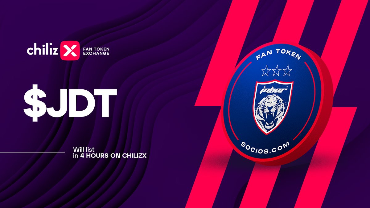 📢 In 4 hours, we will list the Johor Darul Ta'zim F.C. $JDT Fan Token on ChilizX.com 🗓 Today, December 15th ⏰ 14:00 CET ✅ Trading Pair: JDT/CHZ More info 👉 bit.ly/JDTListing $JDT ⚡ $CHZ