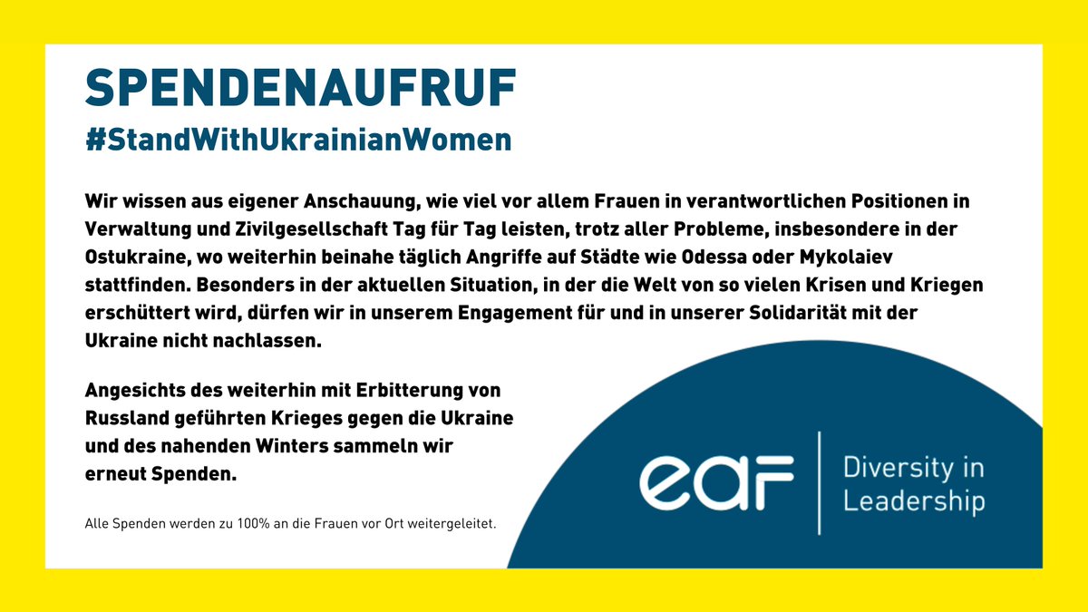 Spendenkampagne #StandWithUkrainianWomen

➡️Angesichts des weiterhin mit Erbitterung von Russland geführten Krieges gegen die Ukraine und des nahenden Winters sammeln wir erneut Spenden: eaf-berlin.de/was-uns-bewegt…