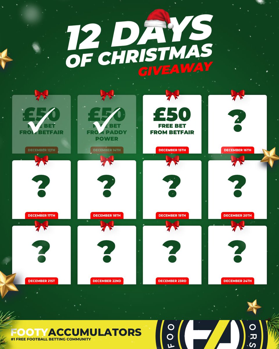 DAY 3 OF OUR 12 DAYS OF GIVEAWAYS! 🚨 Win a £50 FREE BET from Betfair! 🤩 RT & FOLLOW US TO ENTER! ✅ Winner picked TONIGHT @ 10pm - good luck! 🙏