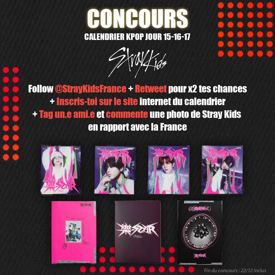 ✨️ CONCOURS DE NOËL ✨️ Découvrez qui se cache dans la case du 15 Décembre dans le calendrier de l'avent Kpop de @onerecordslabel ! Tentez votre chance pour remporter l'un des quatre lots Stray Kids 🎁🎄 Inscrivez-vous à la Newsletter Stray Kids sur le site suivant :…