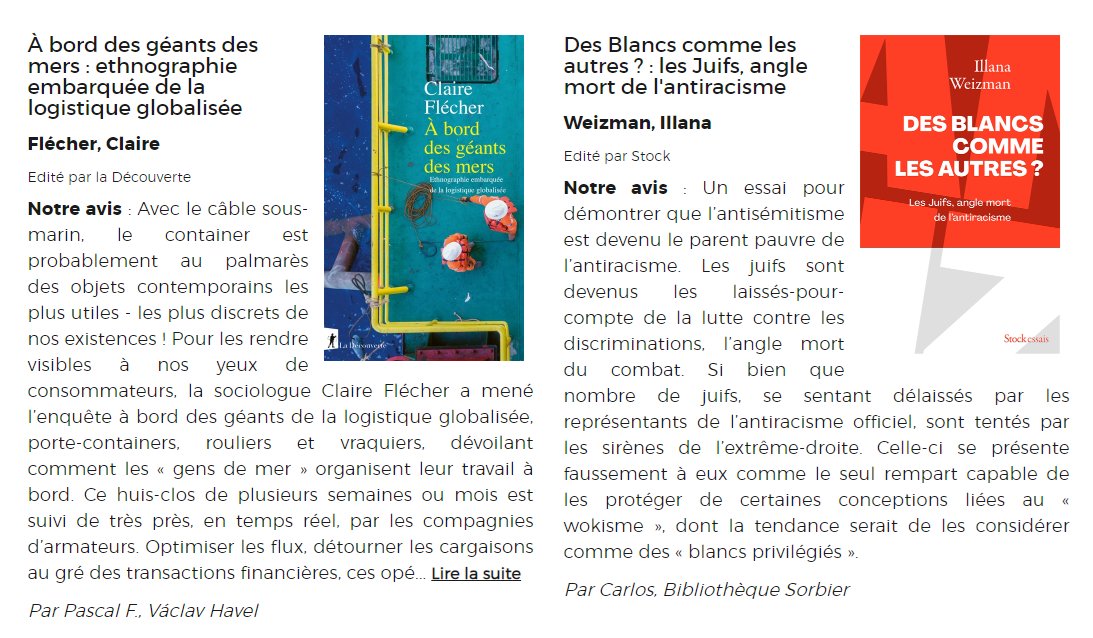 Les livres de <a href="/GeraudAlice/">Alice Geraud</a>, <a href="/AlizeeDelpierre/">Alizée</a>, <a href="/PabloAStefanoni/">Pablo Stefanoni</a>, @IllanaWeizman, @CulturePoub, C. Flécher, A. Galluzzo, sont parmi les coups de cœur "Sciences sociales" annuels des bibliothèques de la Ville de Paris
bibliotheques.paris.fr/2023/les-coups…
<a href="/BibParis/">Bibliothèques de Paris</a>
