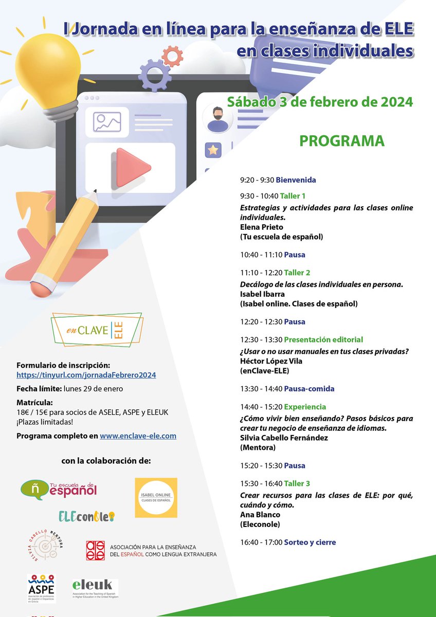 ¡Muy contenta de participar en estas #IJornadasEnLínea sobre #ClasesIndividuales de #ELE que organiza la editorial <a href="/enclaveele/">enClave-ELE</a>!👏🏼👏🏼👏🏼 ¡Y más si es con <a href="/ELEelenap/">ELE Elena</a> <a href="/eleconole/">Eleconole</a> y más! 🤗¿Nos vemos allí? tinyurl.com/jornadaFebrero…