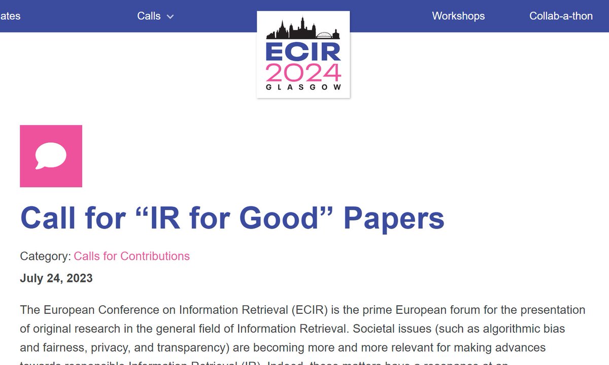 “IR for Good”, co-chaired w/ @mirkomarras, is ECIR’s track aimed at collecting research on societal issues, beyond the purely technical perspective. Join us on March 28, 2024, for paper and poster presentations, keynote speakers, and engaging talks on responsible IR.