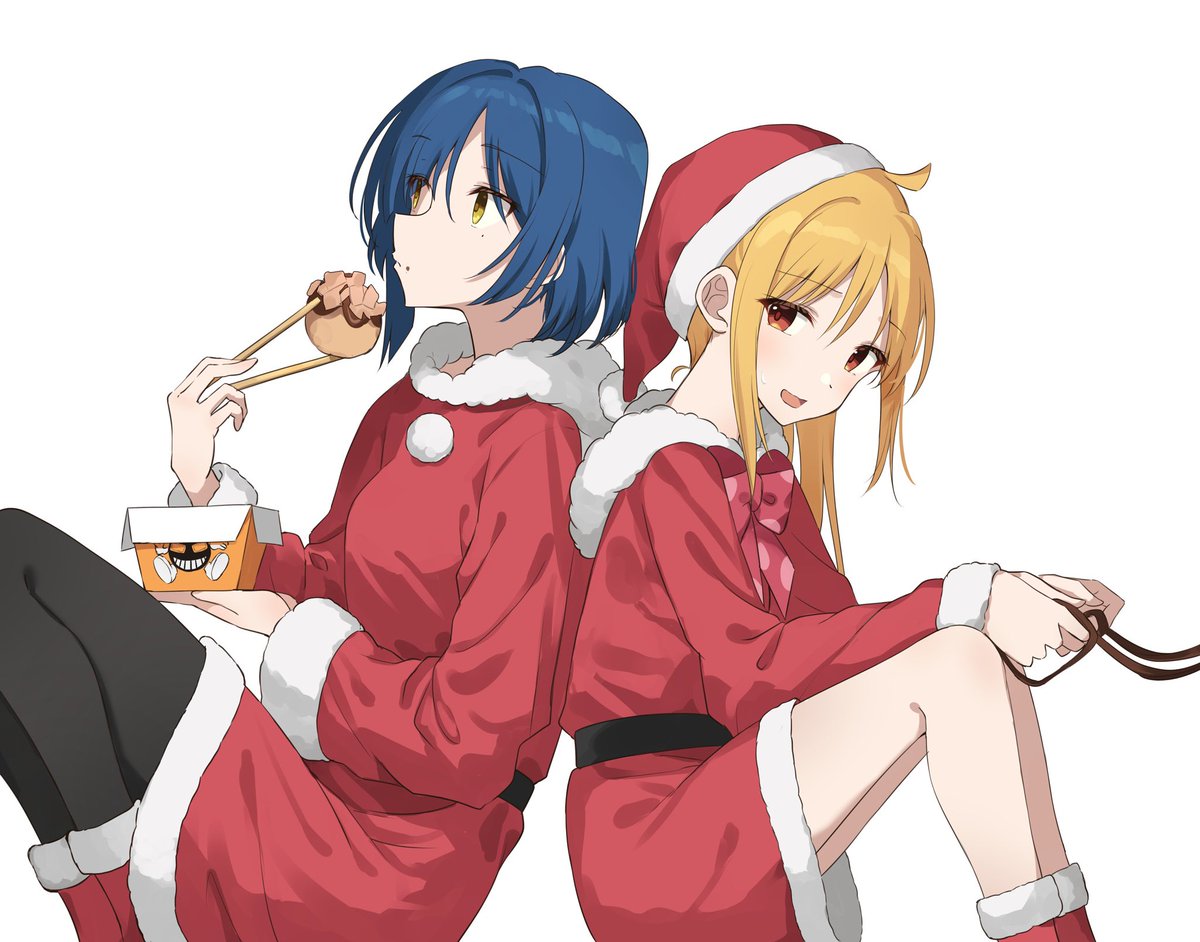 ijichi nijika ,yamada ryo multiple girls 2girls blonde hair blue hair yellow eyes hat santa hat  illustration images