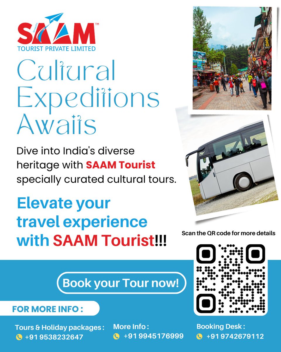 Cultural Expeditions Awaits. Dive into India's diverse heritage with our specially curated cultural tours. Book your Tour now!
#HeritageTours #DiscoverWithSAAM #GroupTravel #TravelExcellence #SAAMTourist #QualityStandard #ReliableTravel #holidaytravel #QualityTravel