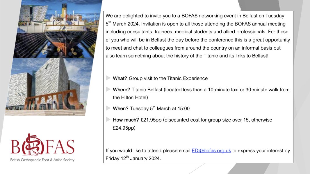 The BOFAS Annual meeting takes place in Belfast from 6-8 March. All attendees are invited to join the pre-meeting networking event at the Titanic Experience. Email EDI@BOFAS.org.uk. To register for the main meeting click here bofas.org.uk/annual-meeting…