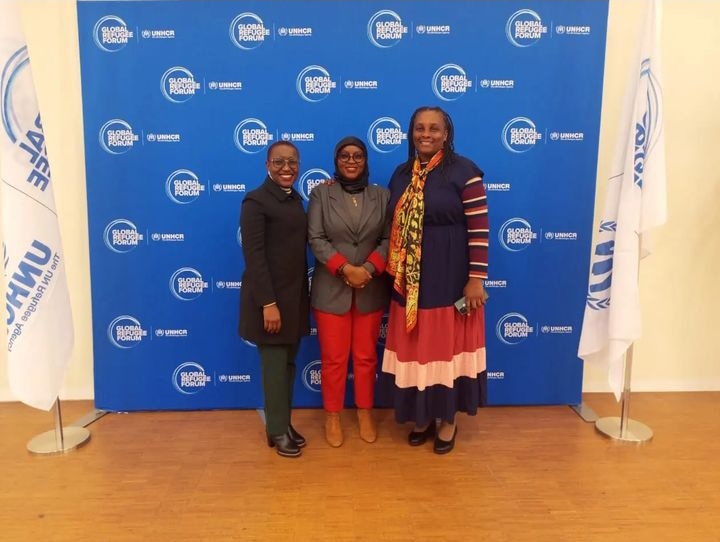In a photo is Dr. @KwekaOpportuna chair @UDSMRCFD  together with  @dignity_kwanza Participants in the Global Refugee Forum happening in Geneva, Switzerland where amongst the agenda is to announce the pledges by states and stakeholders in refugee protection. @fdchairsnet #GRF2023